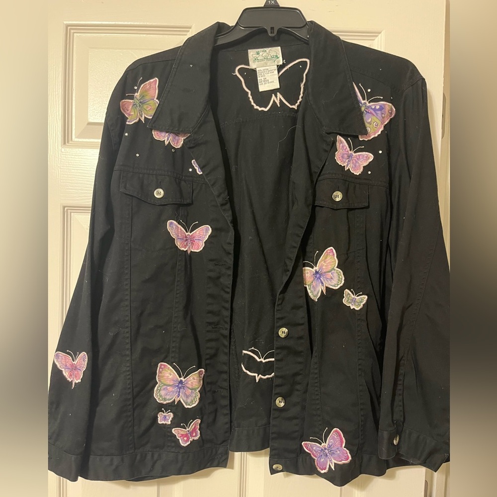 Quacker Factory Black Jacket with Purple Butterfly Accents